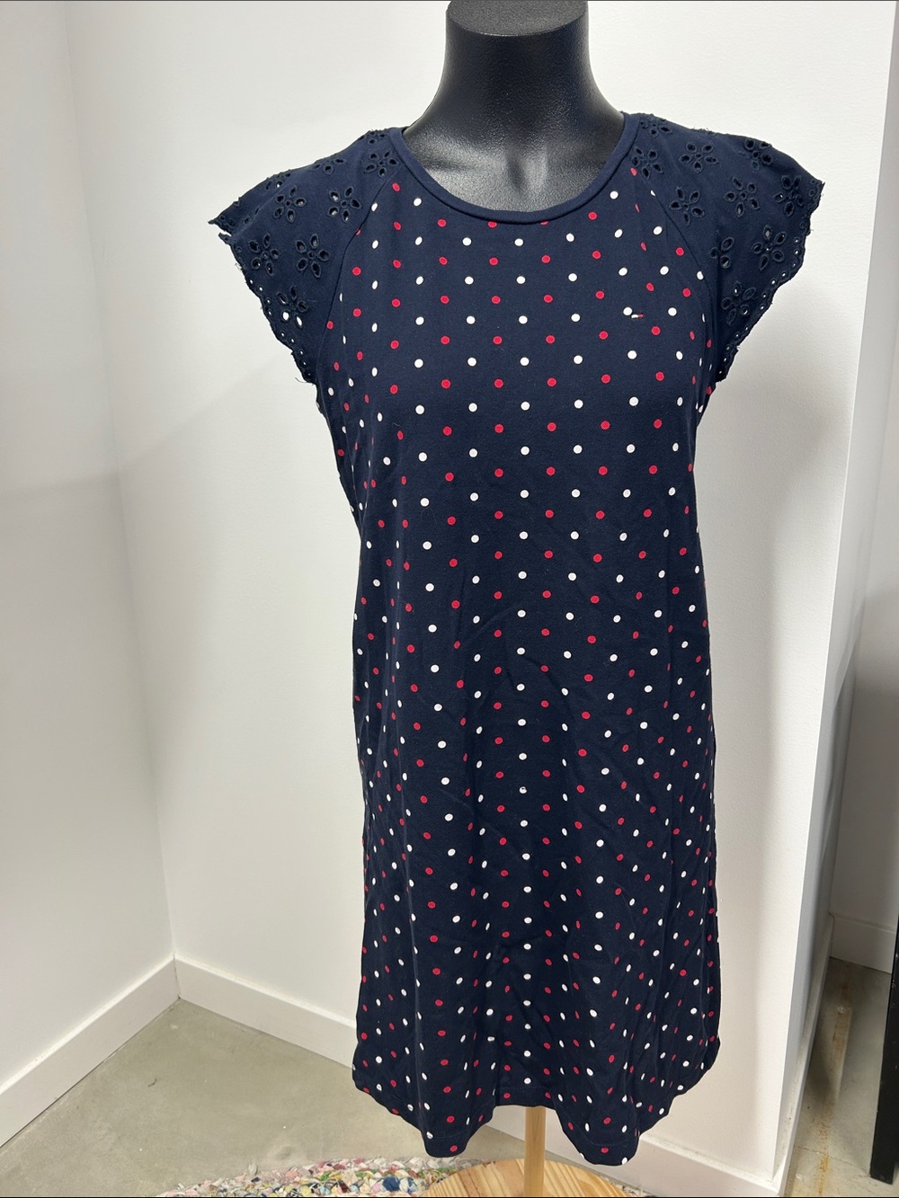 Tommy Hilfiger Polka Dot Eyelet Sleeve T-Shirt Dress Navy Medium